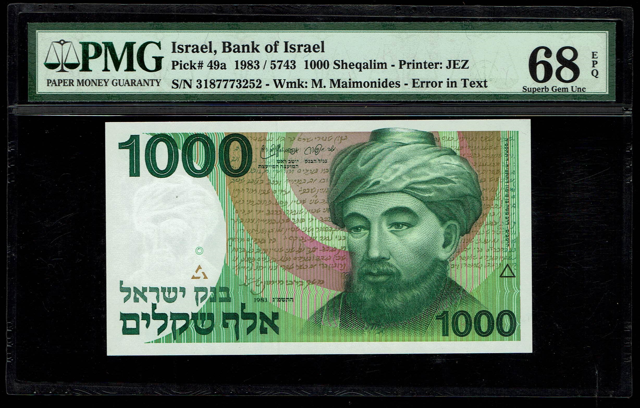 Israel - 1000 Shekels 1983 - "Rarav" - PMG 68 EPQ - 1 0
