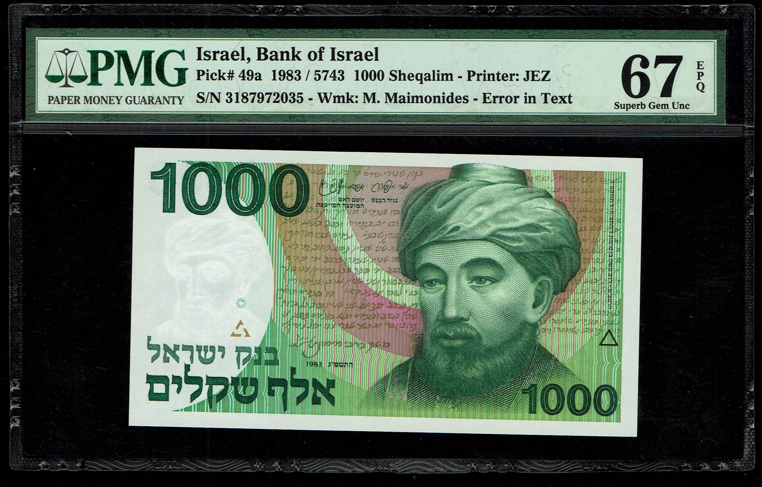 Israel - 1000 Shekels 1983 - "Rarav" - PMG 67 EPQ - 1 0