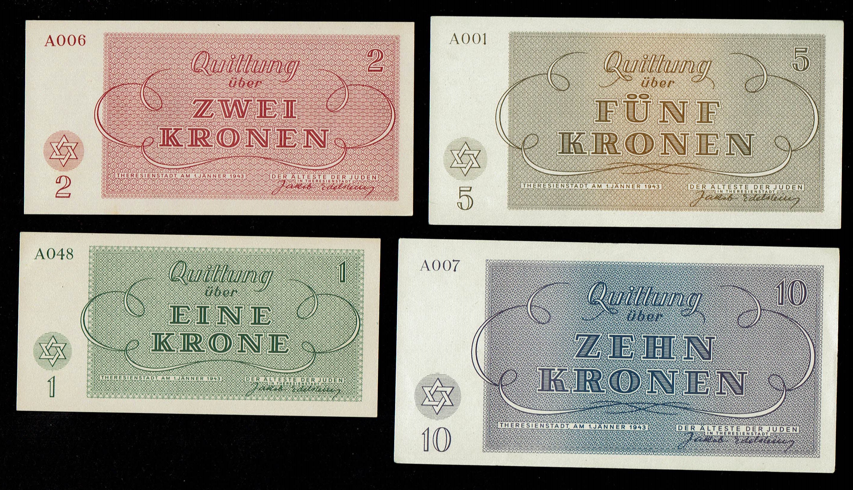 Holocaust concentration camps money - Czechoslovakia - 7 Banknotes 1, 2, 5, 10, 20, 50 and 100 Kronen 1943 - ... - 1 2