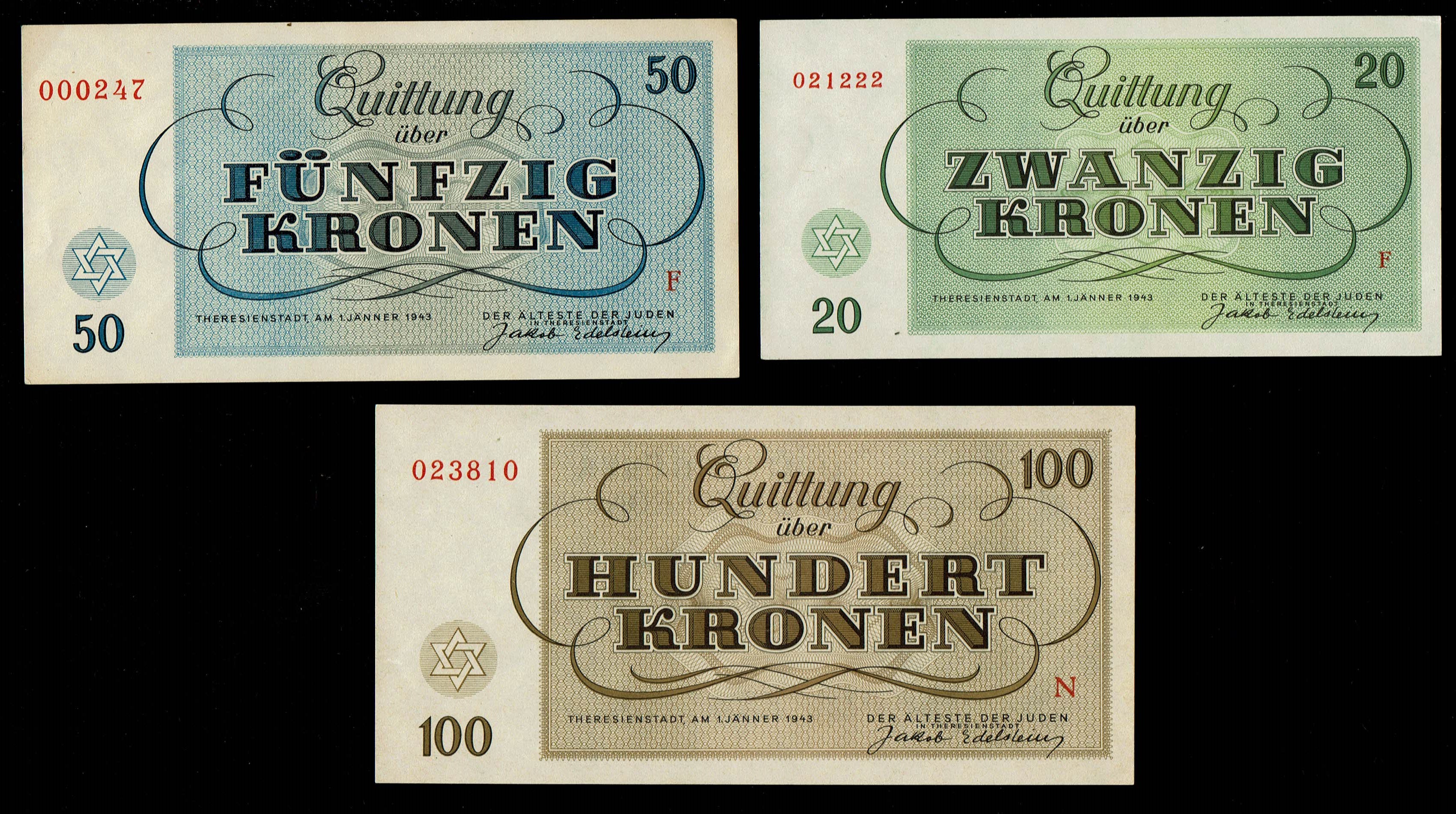 Holocaust concentration camps money - Czechoslovakia - 7 Banknotes 1, 2, 5, 10, 20, 50 and 100 Kronen 1943 - ... - 1 4
