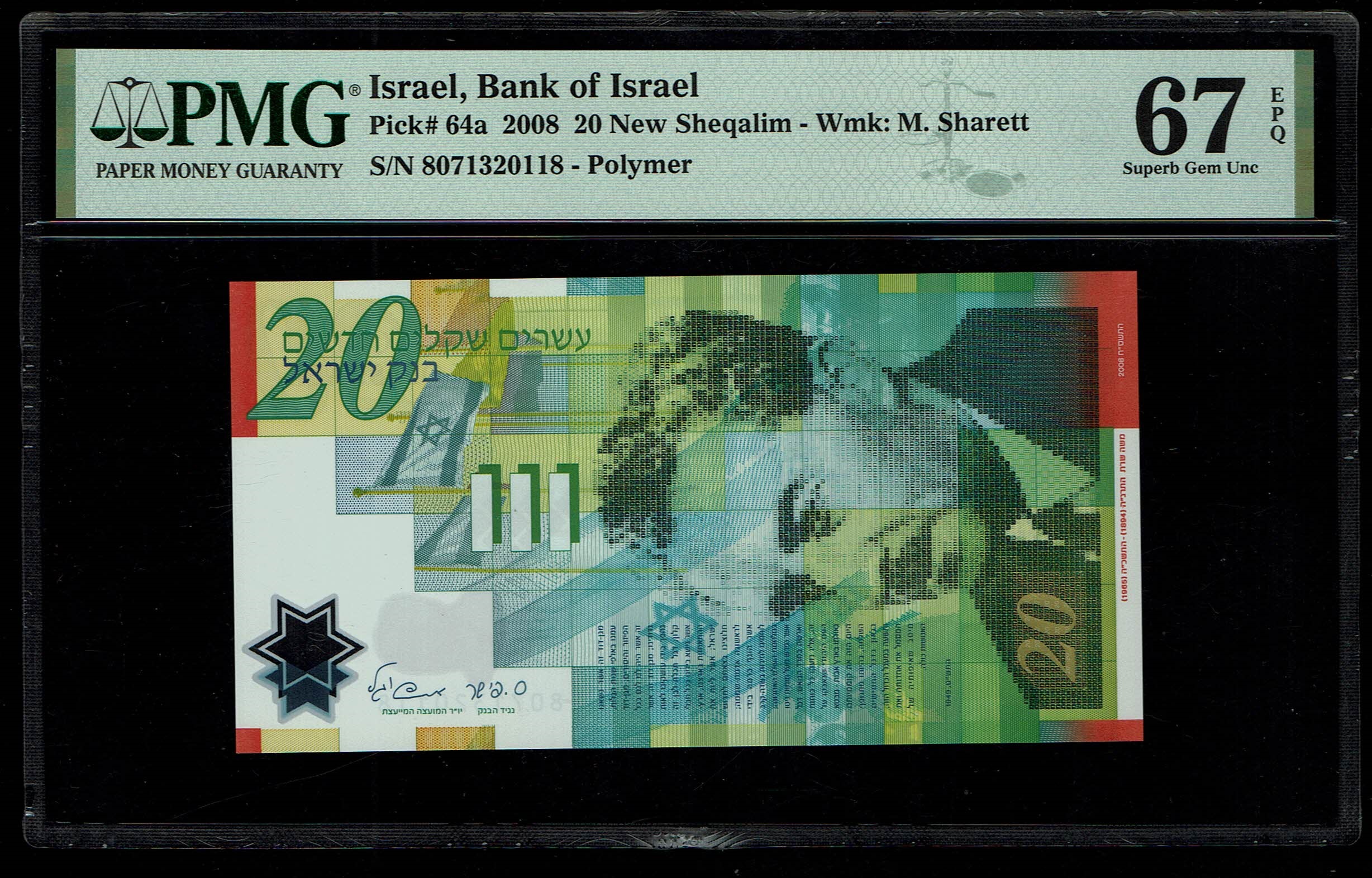 Israel - 20 New Shekels 2008 - "Polymer" - PMG 67 EPQ - 1 0