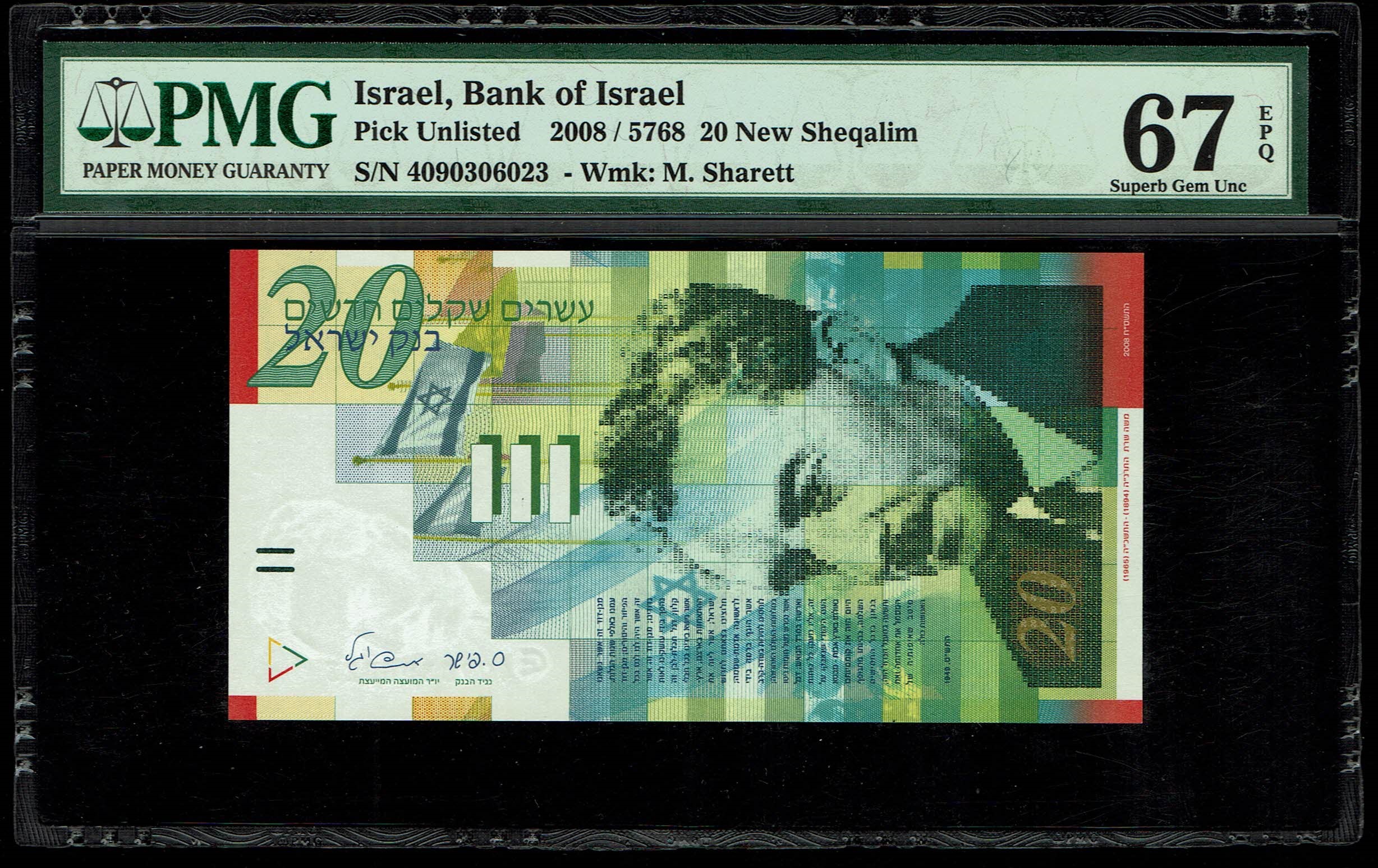 Israel - 20 New Shekels 2008 - "Paper" - PMG 67 EPQ - 1 0