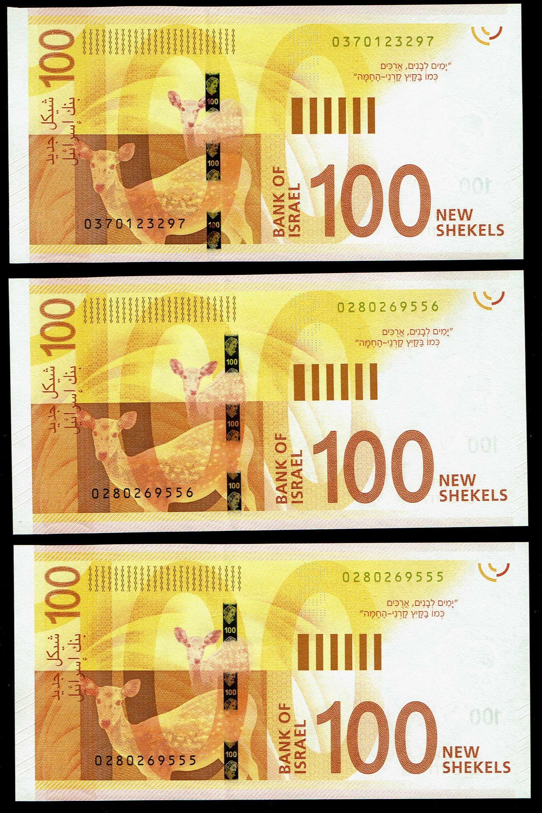 Israel - 100 Shekels 2017 - "New Shekel Series C" - 2 of the banknotes has consecutive serial number - UNC - 1 1