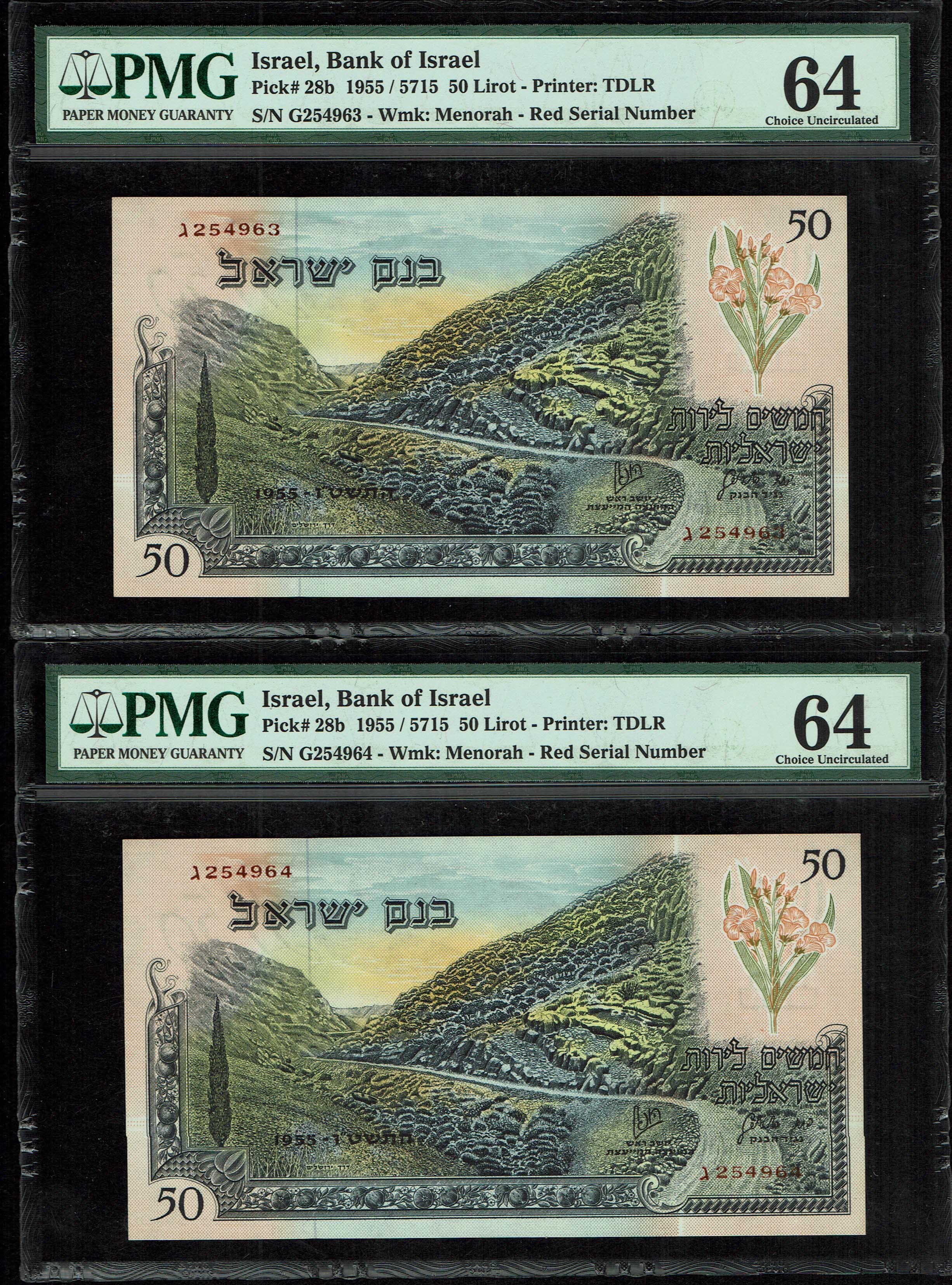 Israel - Pair banknotes of 50 Lirot 1955 - PMG 64 - Red Serial Number - Consecutive numbers - Prefix G