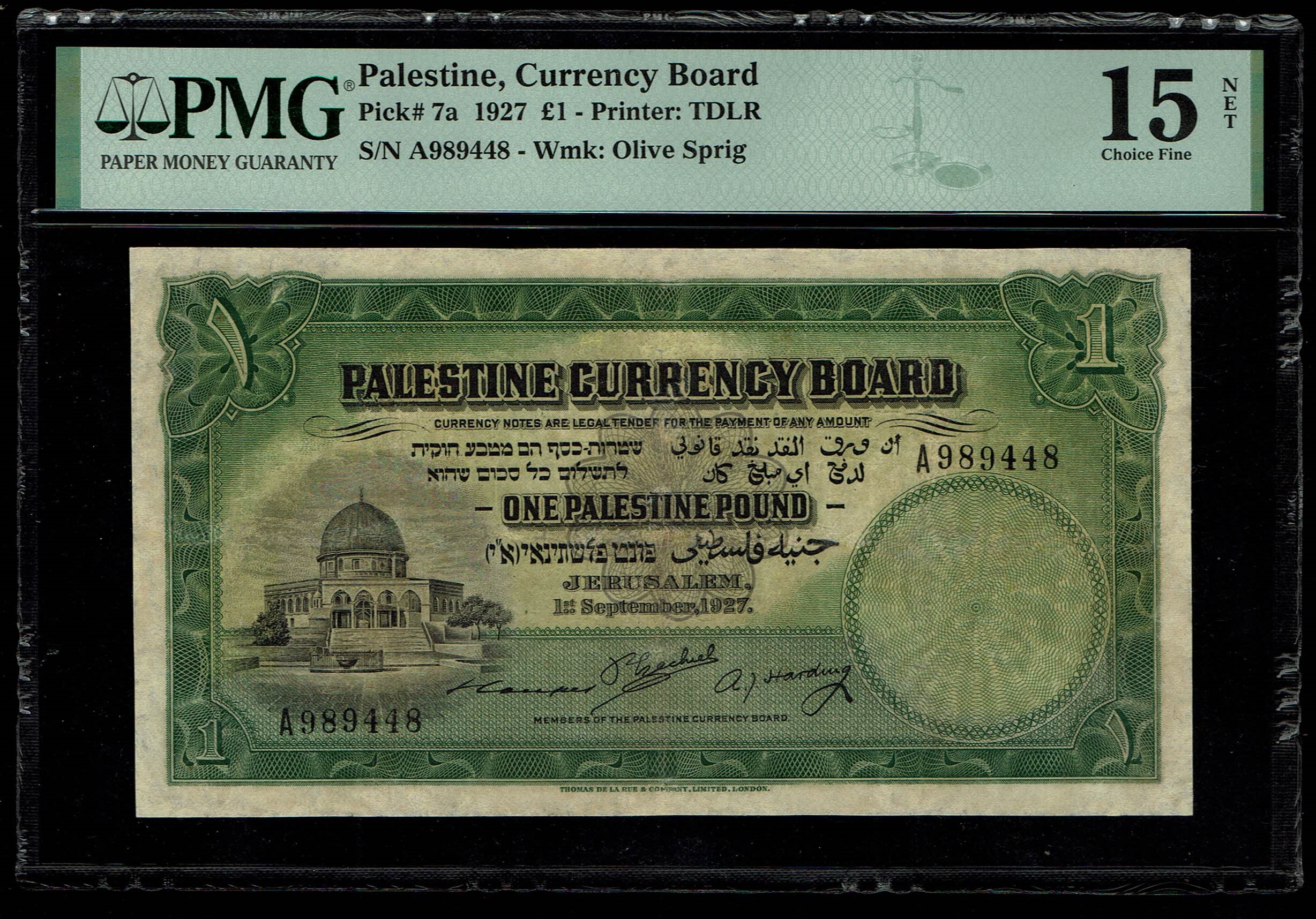 Palestine - 1 pound 1927 - PMG 15 NET - Prefix A - 1 0
