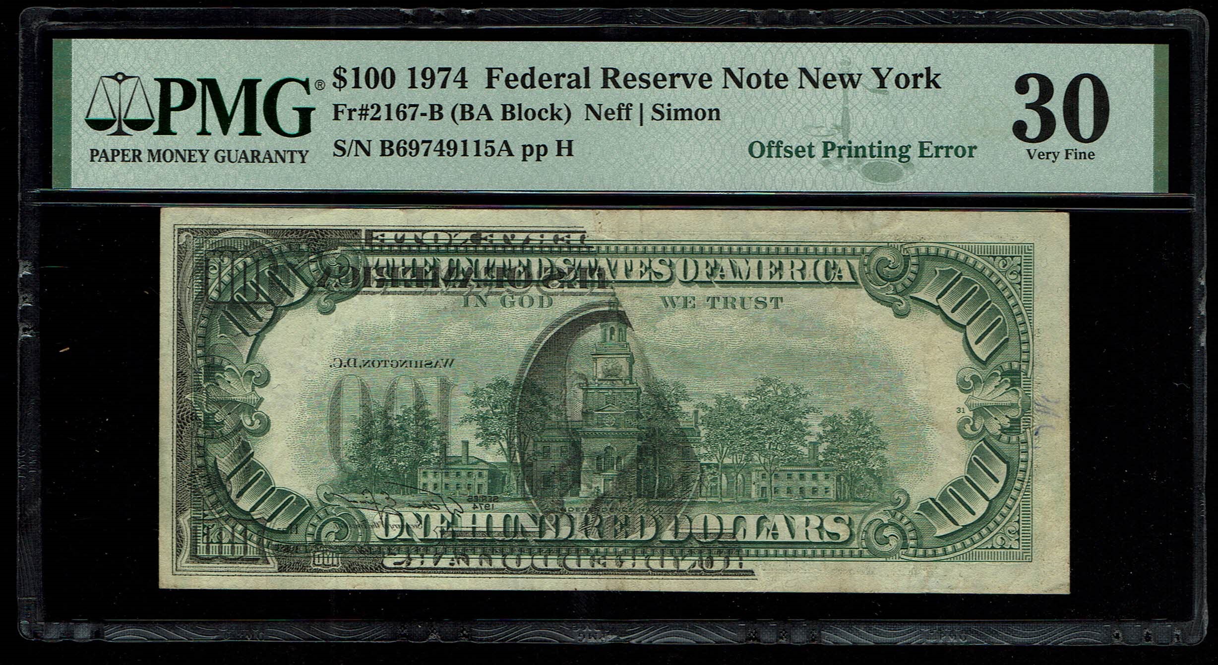 USA - 100 Dollar 1974 - Printing Error, Offset Printing Error - PMG 30 - 1 0