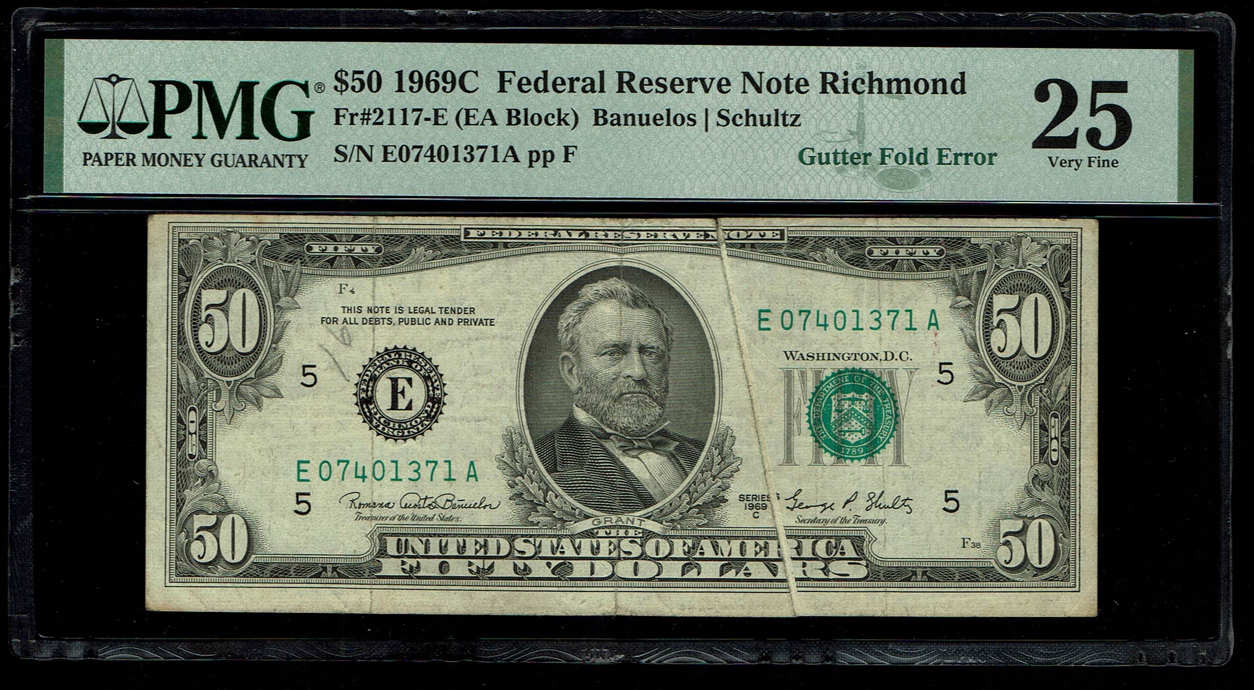 USA - 50 Dollar 1969 - Printing Error, Gutter Fold Error - PMG 25 - 1 0