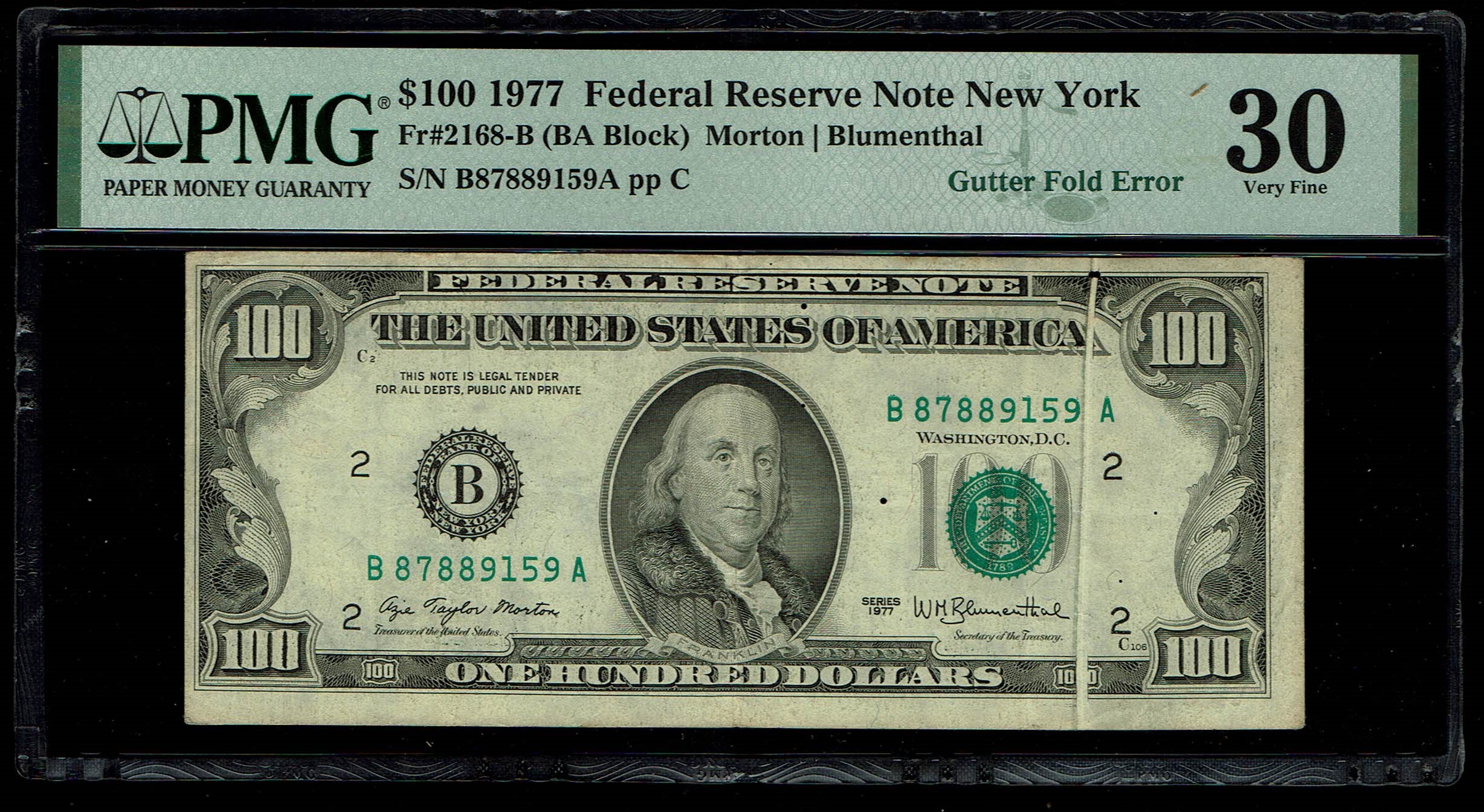 USA - 100 Dollar 1977 - Printing Error, Gutter Fold Error - PMG 30 - 1 0