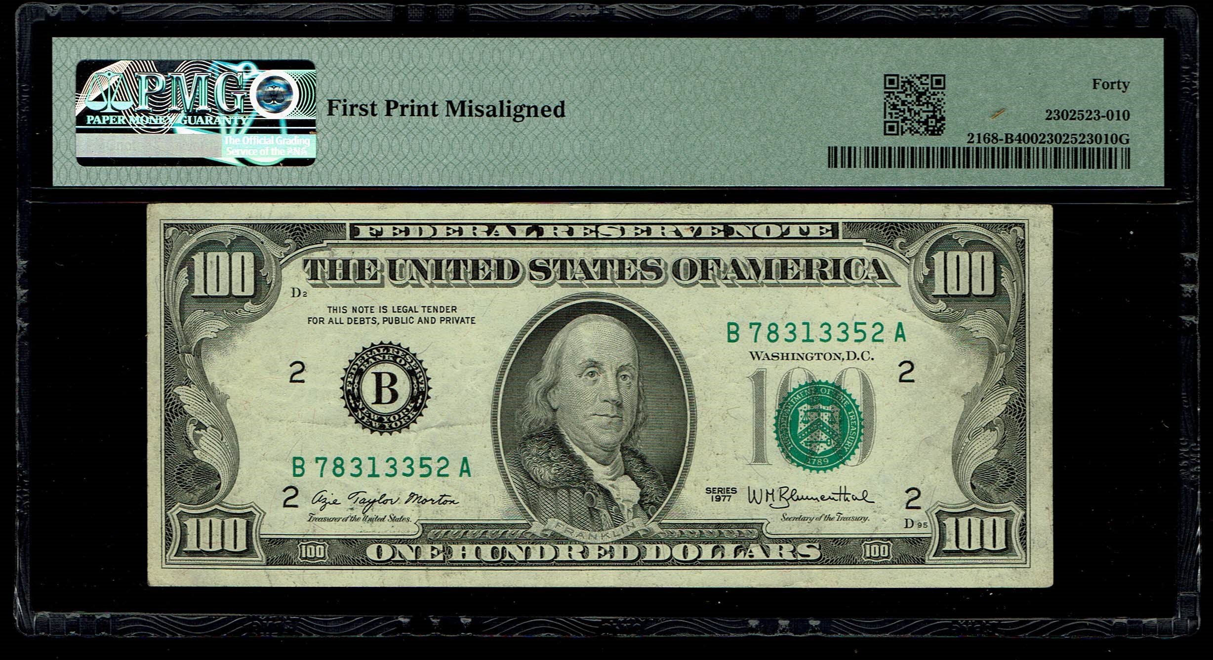 USA - 100 Dollar 1977 - Printing Error, Misalignment Error - PMG 40 - 1 1