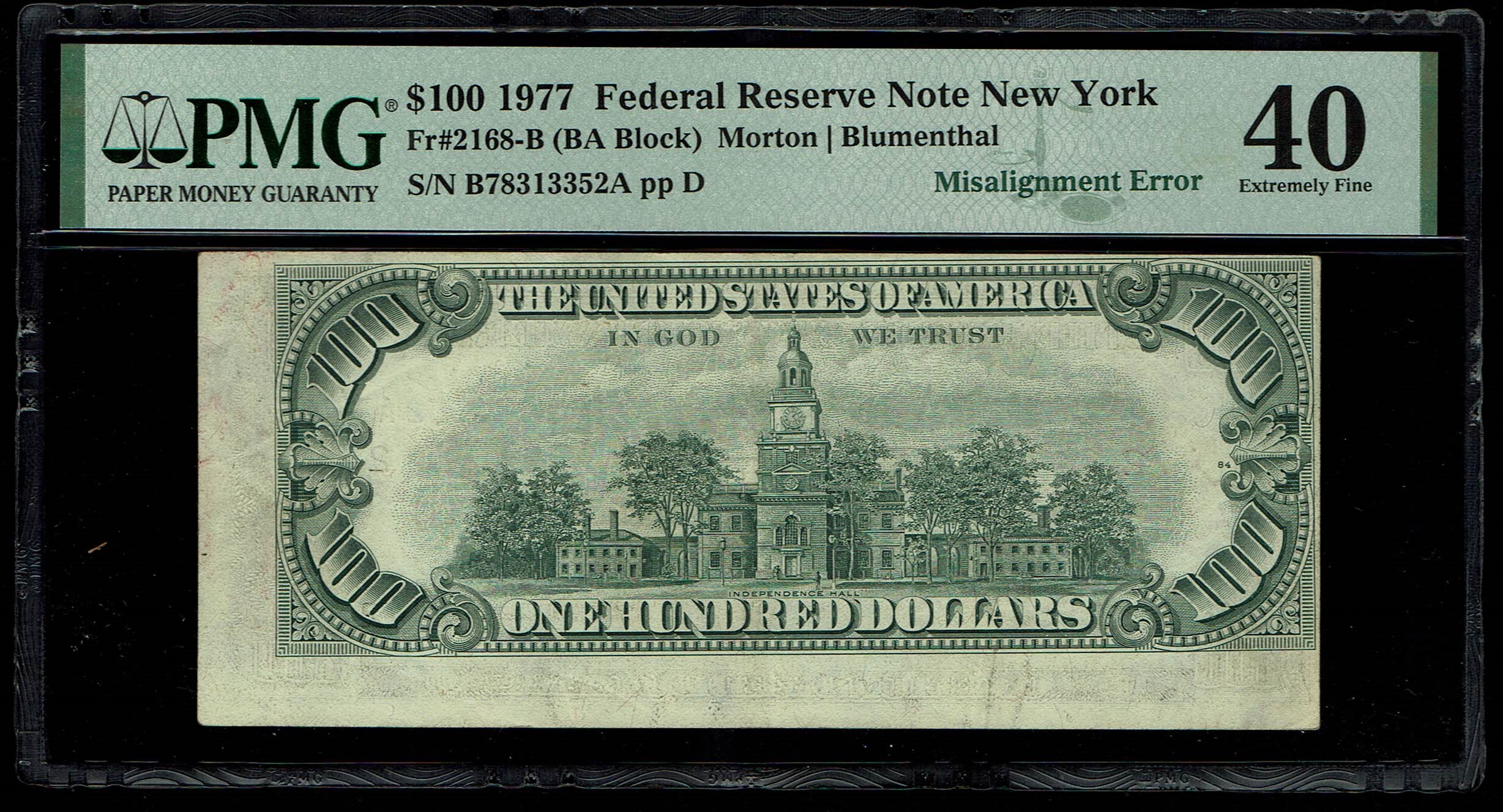 USA - 100 Dollar 1977 - Printing Error, Misalignment Error - PMG 40 - 1 0