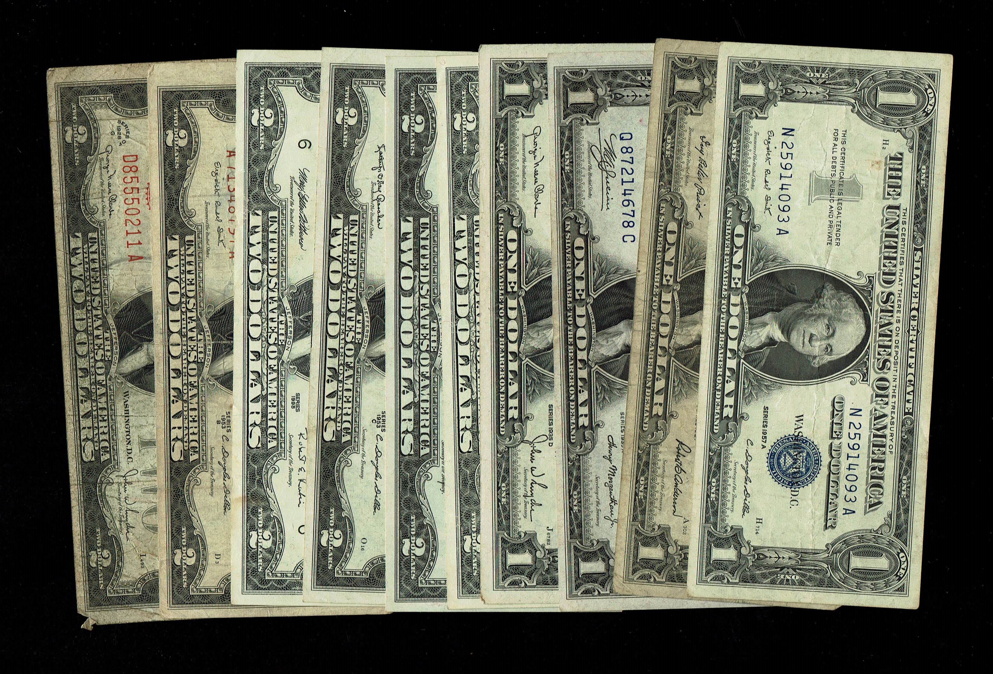 USA - Lot of 10 banknotes of 1 and 2 Dollar from differnet years - F-VF - 1 0