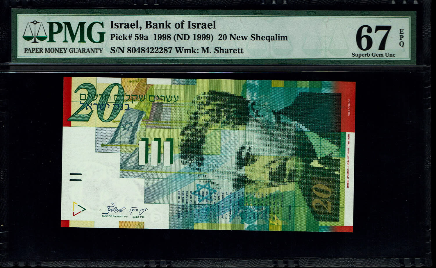 Israel - 20 New Shekels 1998 - PMG 67 EPQ
Front: Portrait of Moshe Sharett, picture of the ceremony ... - 1 0