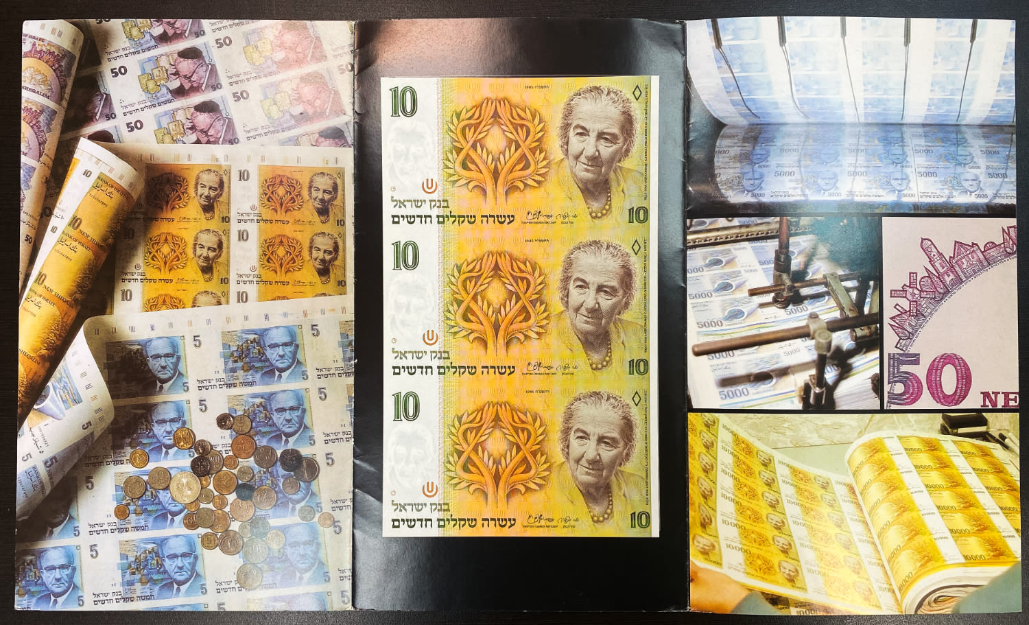 Israel - Uncut sheet of 3 banknotes, 10 New Shekel 1985 - UNC with glue on back
In 1985, following ... - 1 0