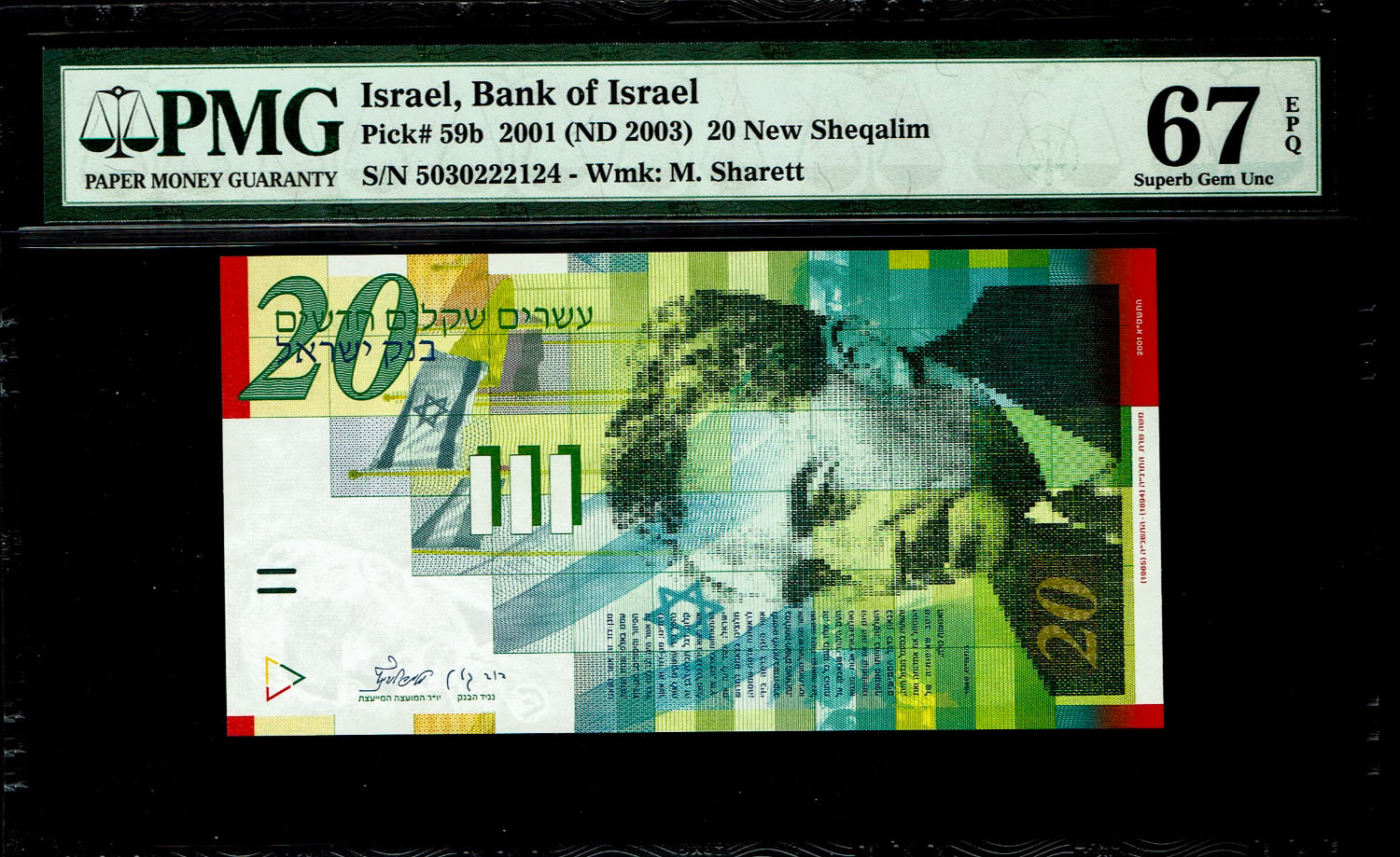 Israel - 20 New Shekels 2001 - PMG 67 EPQ
Front: Portrait of Moshe Sharett, picture of the ceremony ... - 1 0