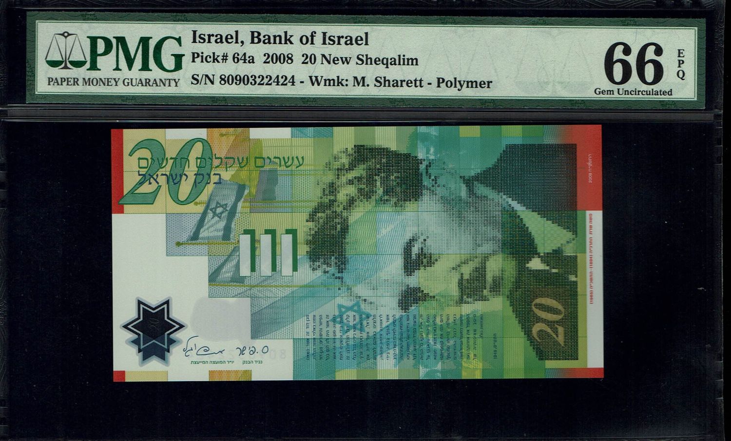 Israel - 20 New Shekels 2008 - "Polymer" - PMG 66 EPQ
Front: Portrait of Moshe Sharett, picture of ... - 1 0
