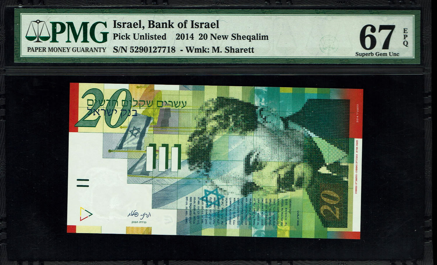 Israel - 20 New Shekels 2014 - PMG 67 EPQ
Front: Portrait of Moshe Sharett, picture of the ceremony ... - 1 0