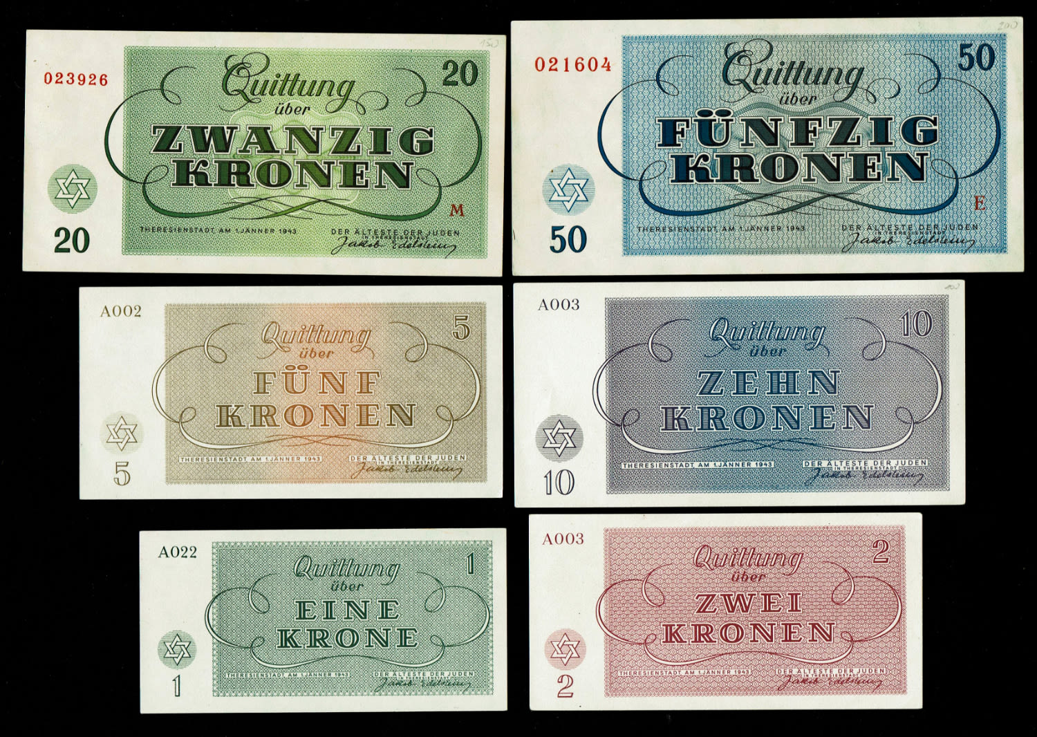 Holocaust concentration camps money - Czechoslovakia - 6 Banknotes 1, 2, 5, 10, 20, 50 Kronen 1943 - ... - 1 0