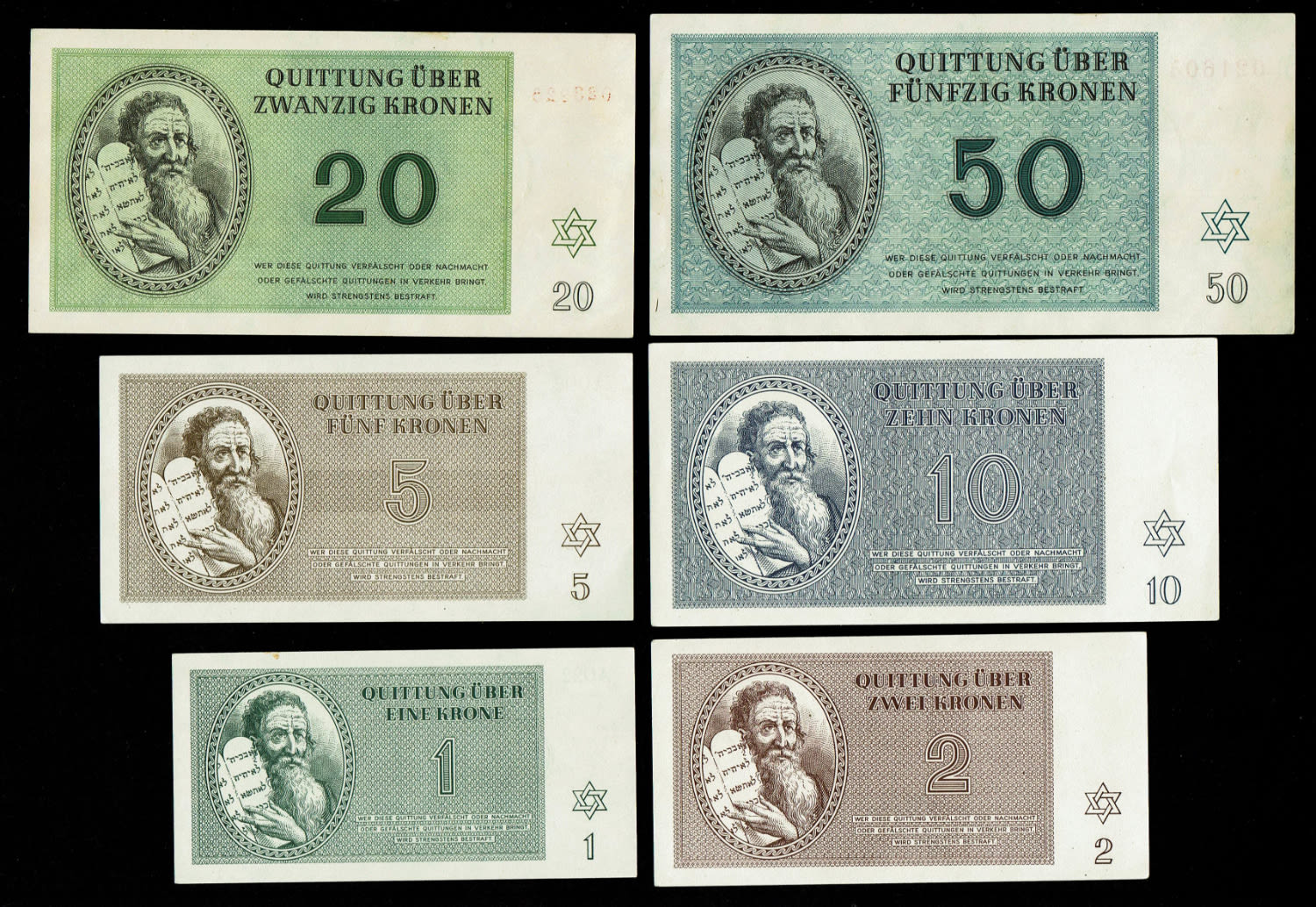 Holocaust concentration camps money - Czechoslovakia - 6 Banknotes 1, 2, 5, 10, 20, 50 Kronen 1943 - ... - 1 1