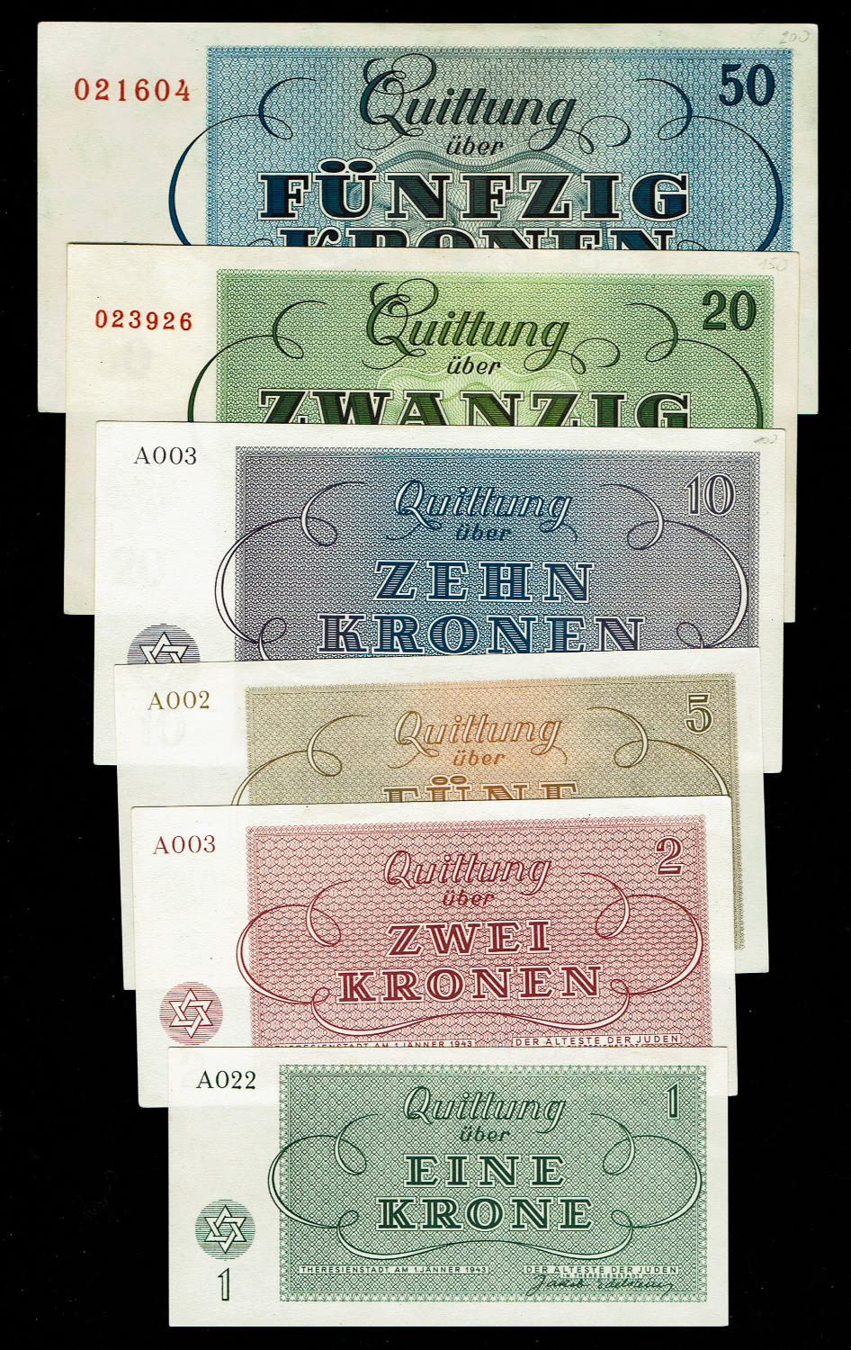 Holocaust concentration camps money - Czechoslovakia - 6 Banknotes 1, 2, 5, 10, 20, 50 Kronen 1943 - ... - 1 2