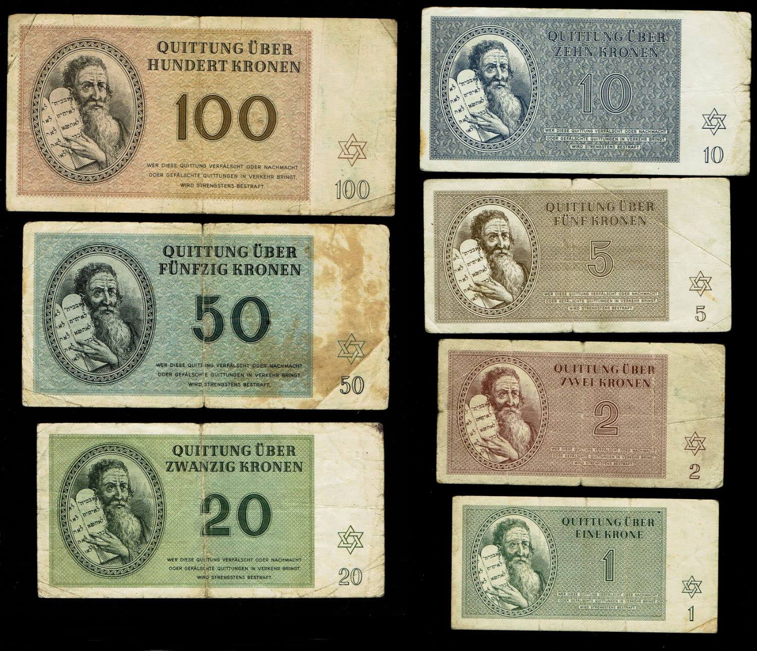 Holocaust concentration camps money - Czechoslovakia - 7 Banknotes 1, 2, 5, 10, 20, 50, 100 Kronen 1943 - ... - 1 0