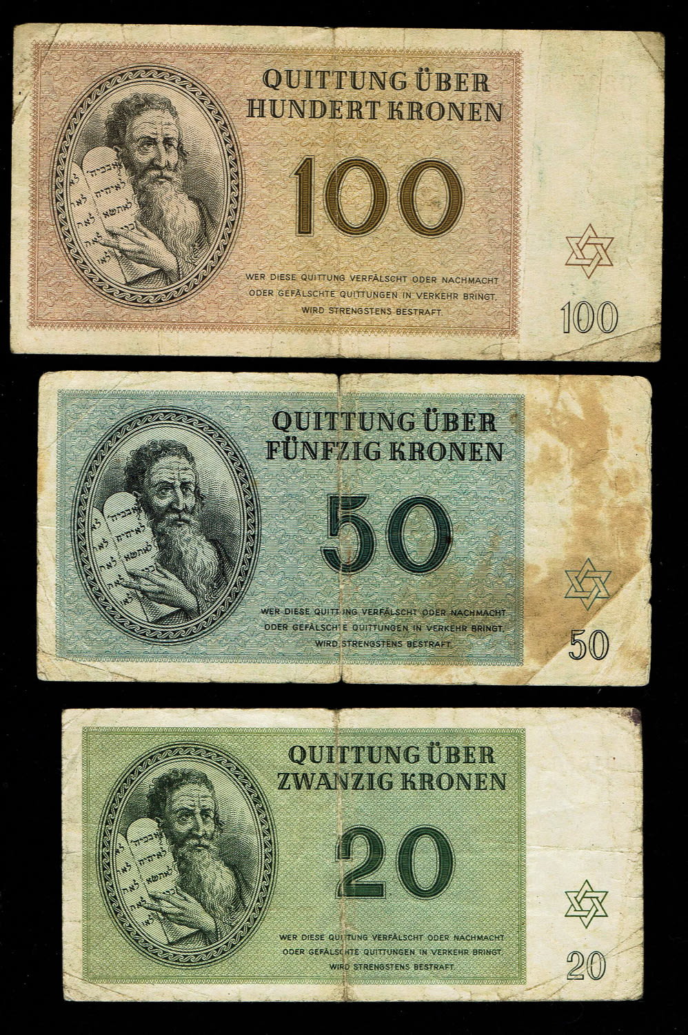 Holocaust concentration camps money - Czechoslovakia - 7 Banknotes 1, 2, 5, 10, 20, 50, 100 Kronen 1943 - ... - 1 1