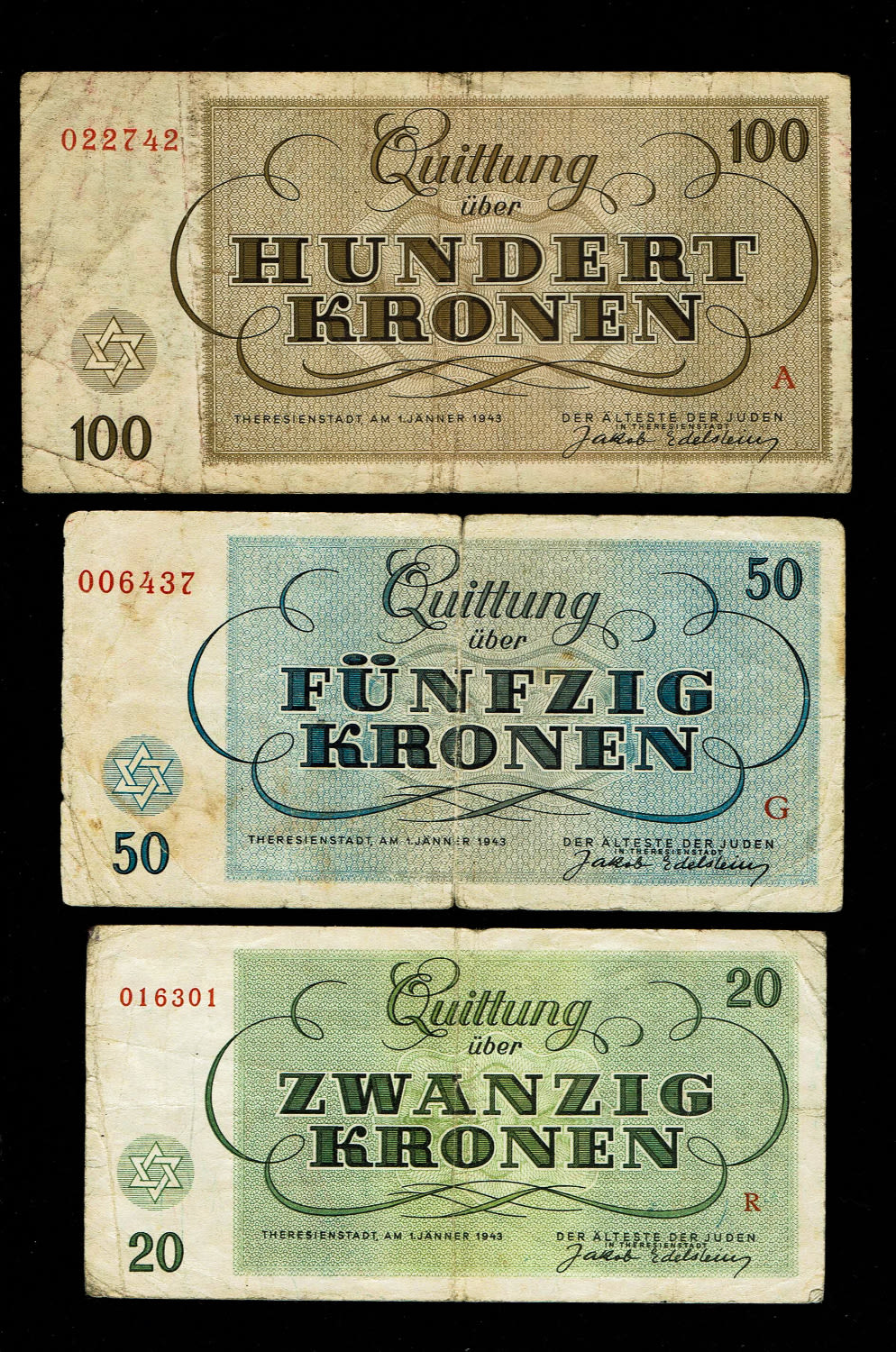 Holocaust concentration camps money - Czechoslovakia - 7 Banknotes 1, 2, 5, 10, 20, 50, 100 Kronen 1943 - ... - 1 2
