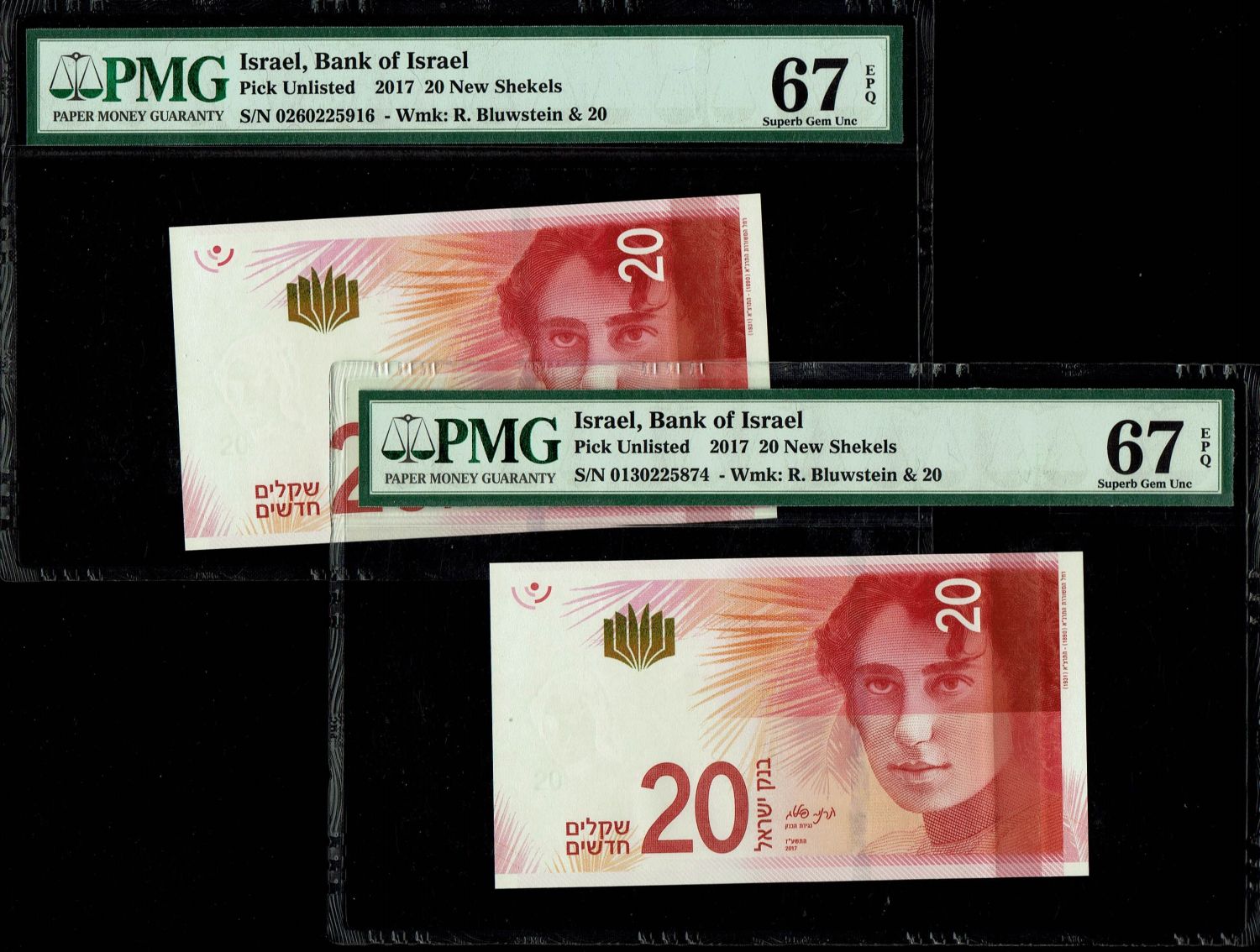 Israel - Pair banknotes of 20 Shekels 2017 - "New Shekel Series C" - PMG 67 EPQ
Front: A portrait of ... - 1 0