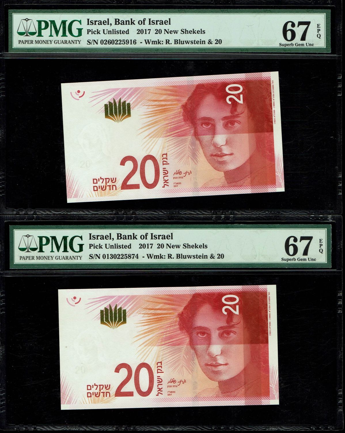 Israel - Pair banknotes of 20 Shekels 2017 - "New Shekel Series C" - PMG 67 EPQ
Front: A portrait of ... - 1 1