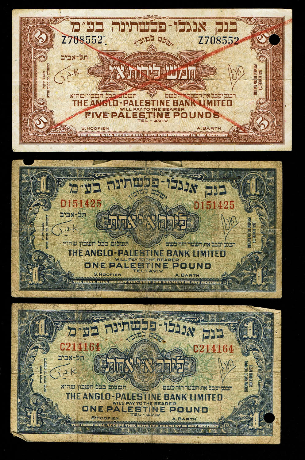 Israel - Lot of 3 banknotes 1, 5 Lirot 1948 - Anglo Palestine - F-VF - Cancelled
... - 1 0