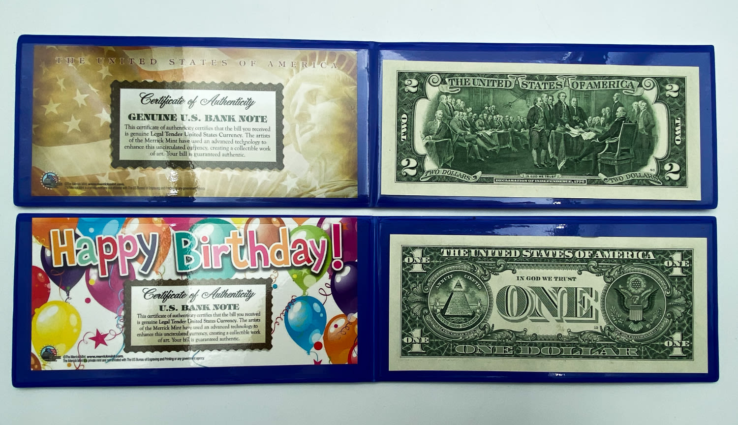USA - A pair of 1, 2 dollar banknotes of different years - special edition in a fancy case - 1 1
