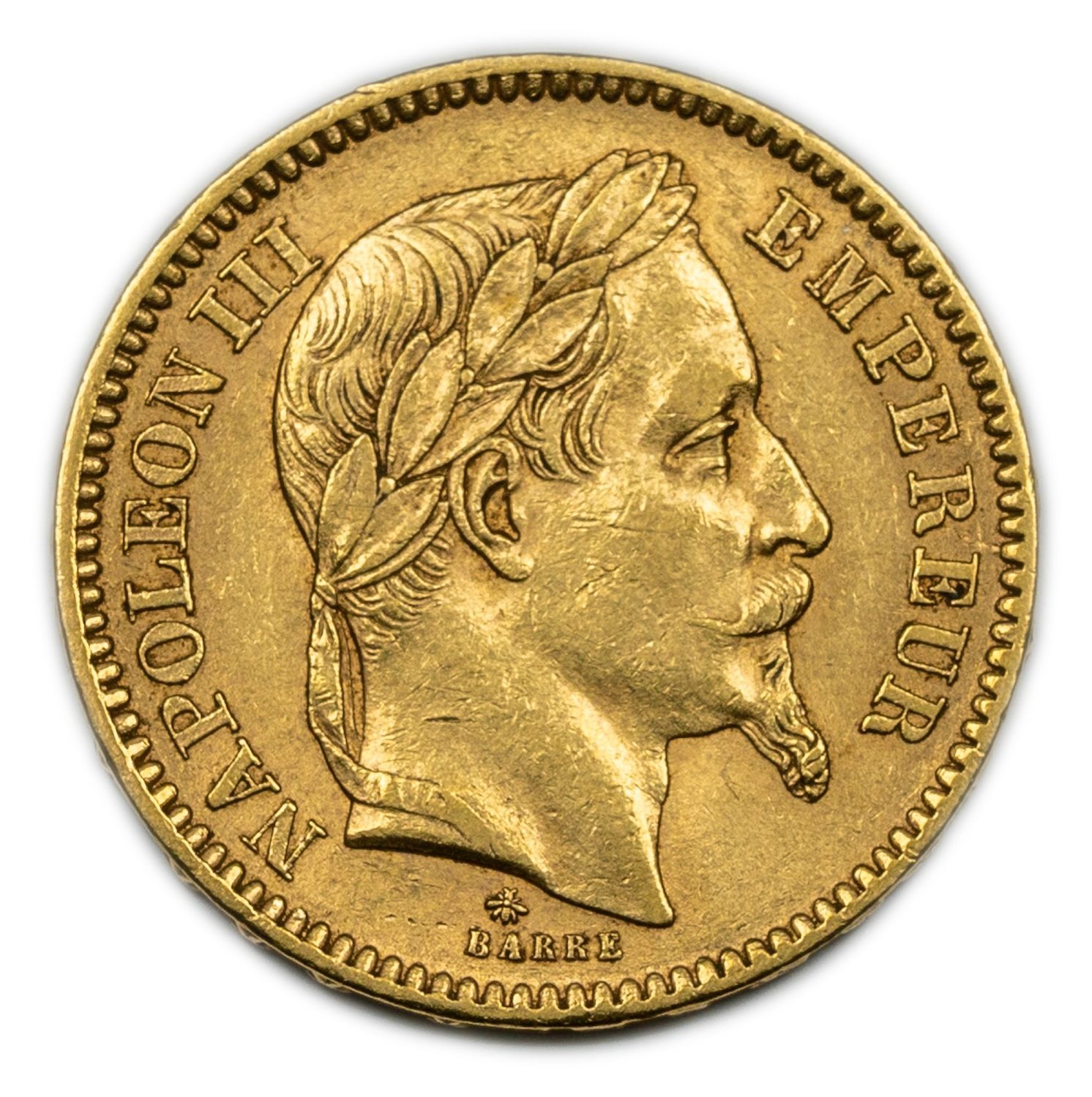 France - 20 Francs 1865 - Gold 900, 6.41g, 21mm - Napoleon III
Obverse
Lettering: NAPOLEON ... - 1 2