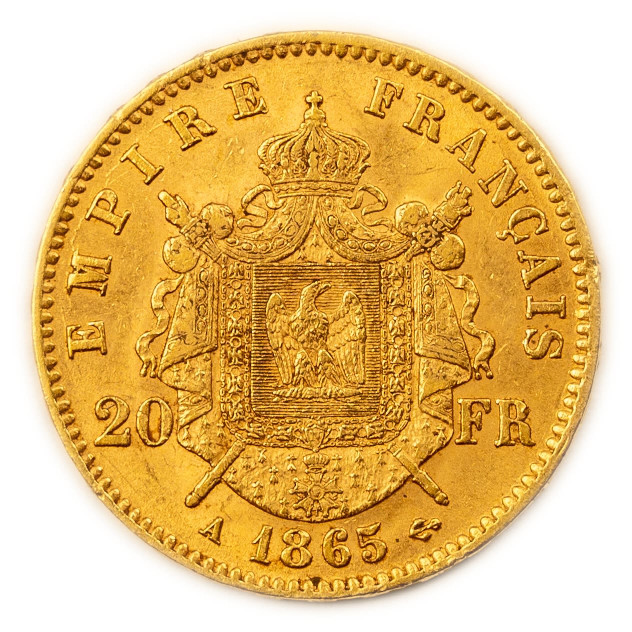 France - 20 Francs 1865 - Gold 900, 6.41g, 21mm - Napoleon III
Obverse
Lettering: NAPOLEON ... - 1 1