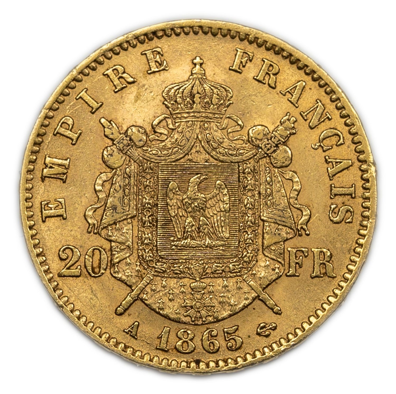 France - 20 Francs 1865 - Gold 900, 6.41g, 21mm - Napoleon III
Obverse
Lettering: NAPOLEON ... - 1 3