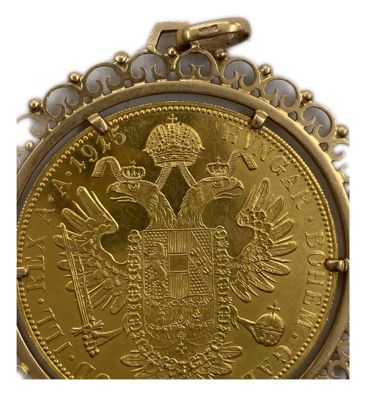 Austria - 4 Ducat 1915 - Restrike - UNC - Coin: 986 gold Weight 13.9 g Frame: 585 gold, 8.92 g weight, total ... - 1 2