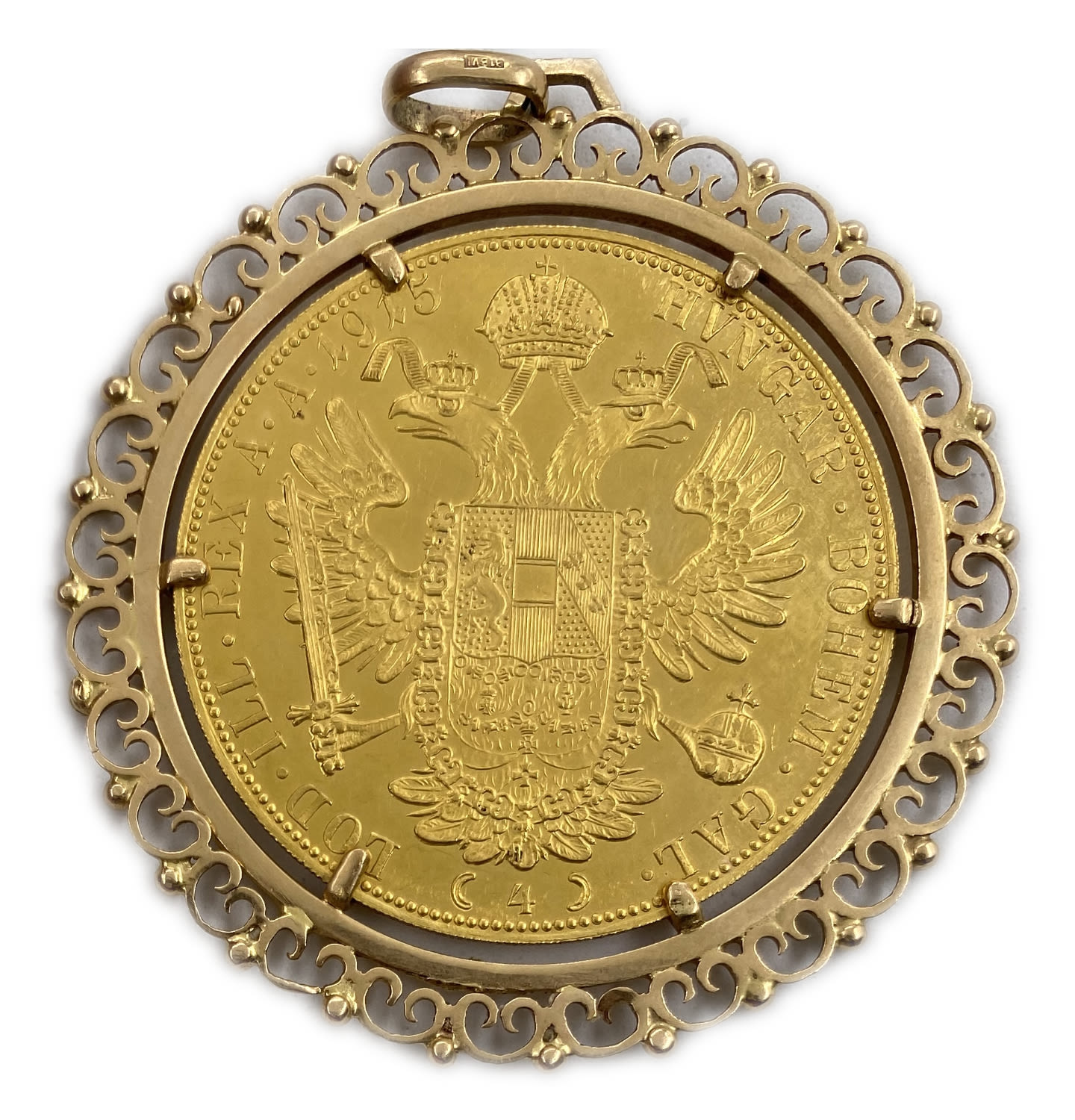 Austria - 4 Ducat 1915 - Restrike - UNC - Coin: 986 gold Weight 13.9 g Frame: 585 gold, 8.92 g weight, total ... - 1 1