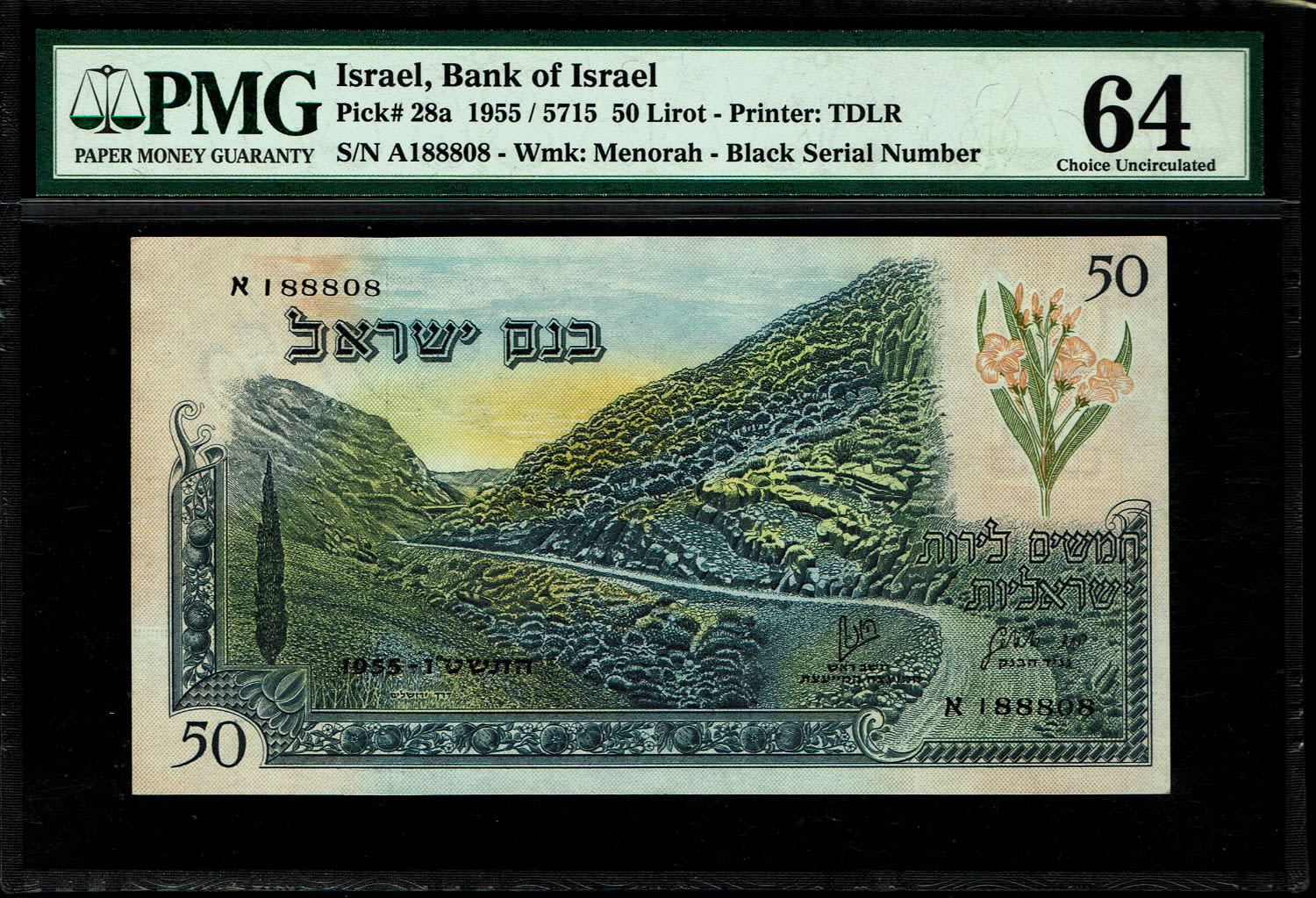 Israel - 50 Lirot 1955 - PMG 64 - Black Serial Number - Prefix A
In 1954, the Bank of Israel was ... - 1 0