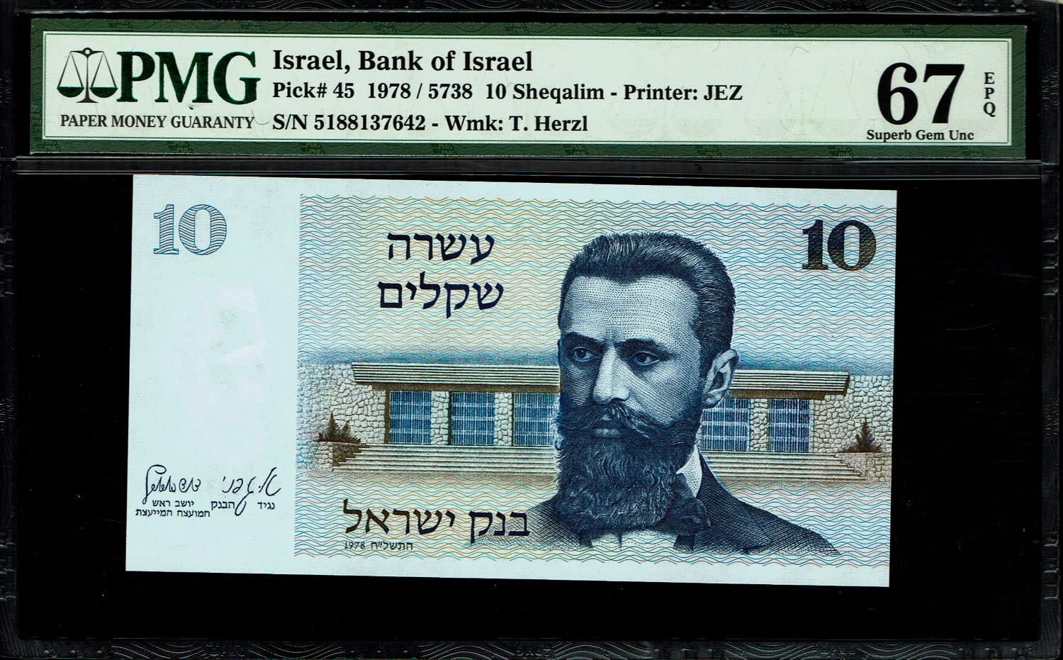 Israel - 10 Sheqalim 1978 - PMG 67 EPQ
The shekel series replaced the Israeli pound and includes ... - 1 0