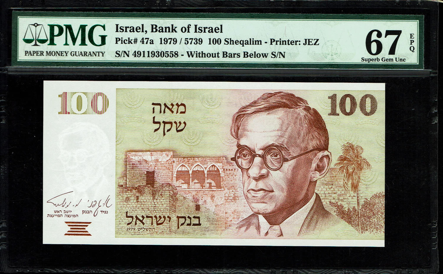 Israel - 100 Sheqalim 1979 - PMG 67 EPQ
The shekel series replaced the Israeli pound and includes ... - 1 0
