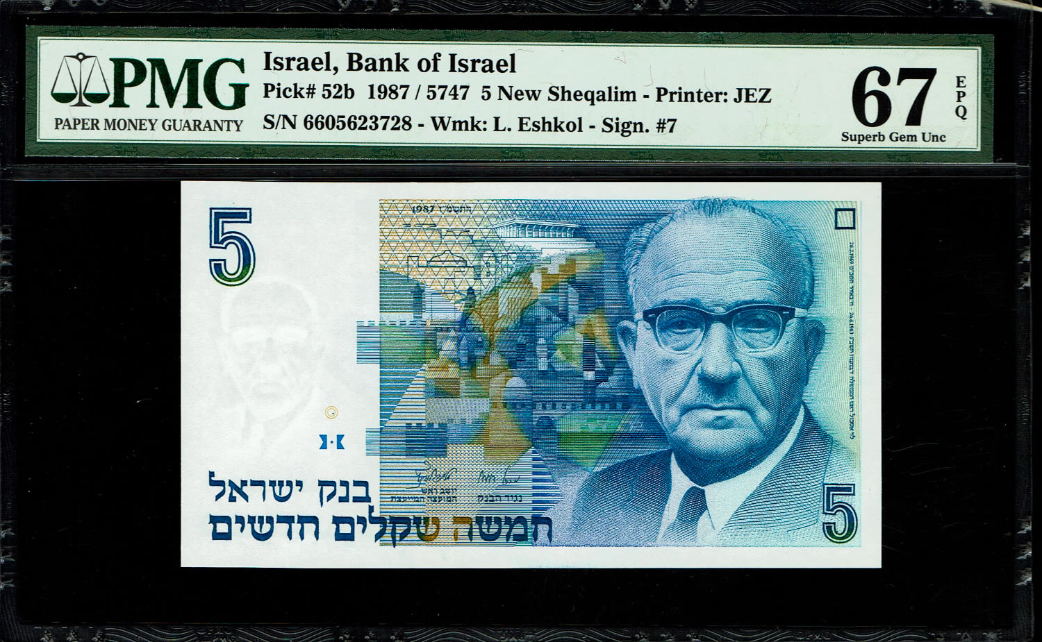 Israel - 5 New Shekel 1987 - PMG 67 EPQ
In 1985, following high inflation, it was decided to replace ... - 1 0