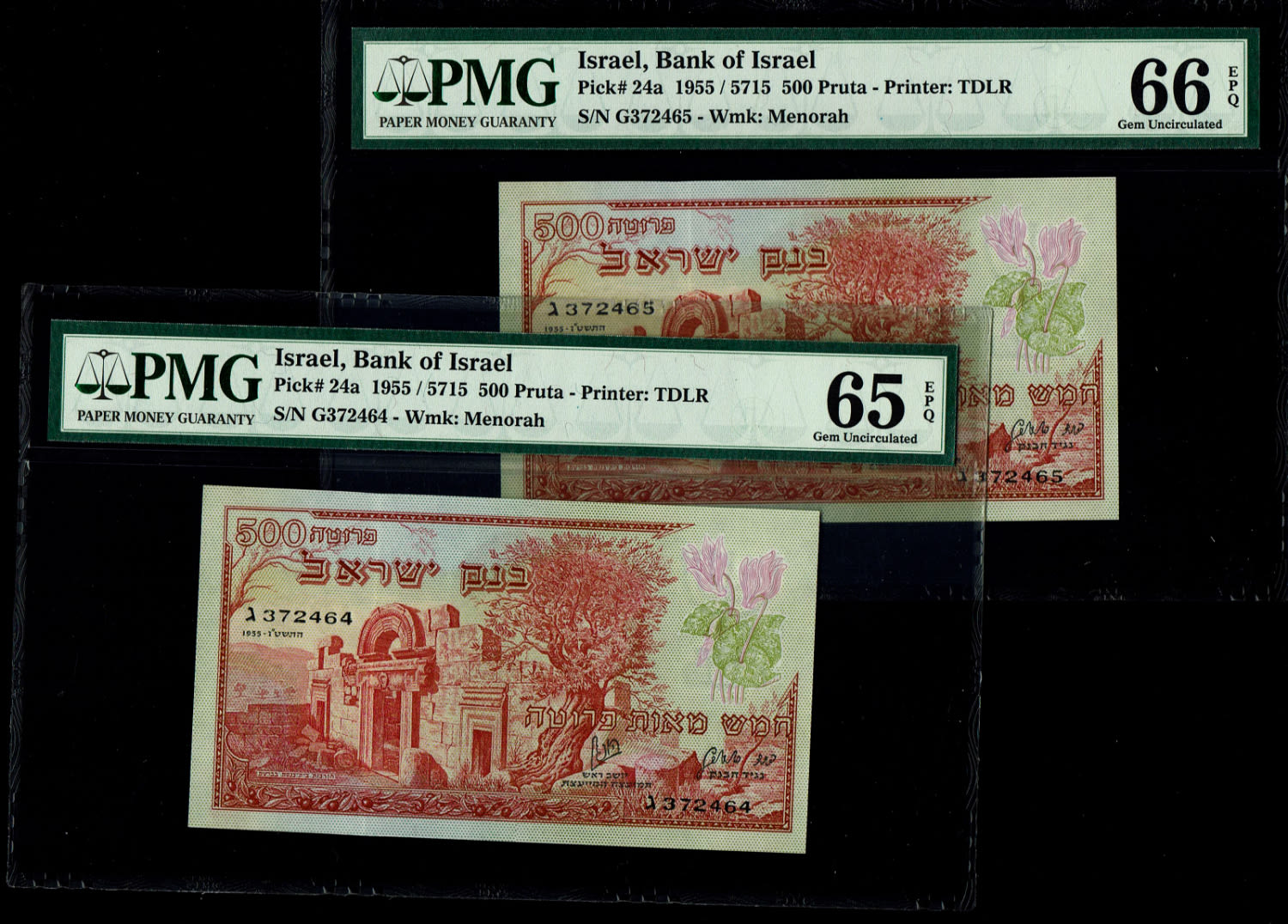 Israel - 500 Pruta 1955 - PMG 65-66 EPQ - Consequtive numbers - Prefix C
The Bank of Israel was ... - 1 0