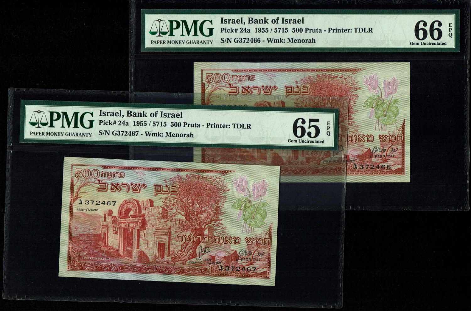Israel - 500 Pruta 1955 - PMG 65-66 EPQ - Consequtive numbers - Prefix C
The Bank of ... - 1 0