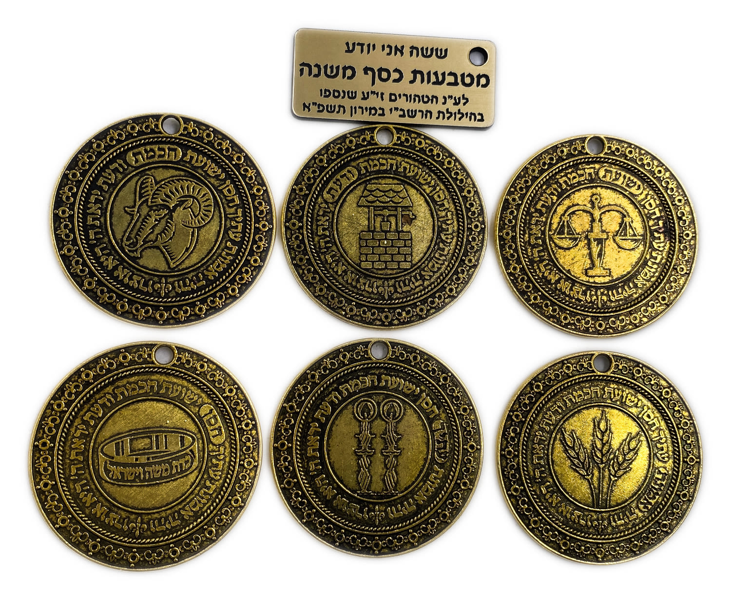 Judaica / Zionism - Six golded colored coins for the upliftment of the soul of the pure who perished in the ... - 1 1