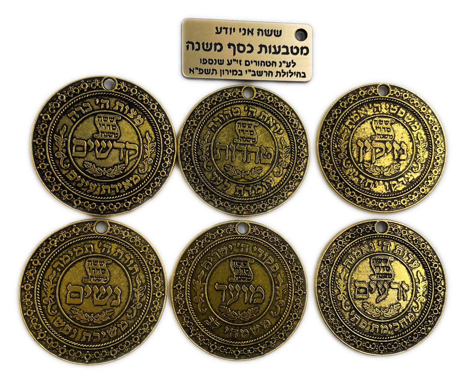 Judaica / Zionism - Six golded colored coins for the upliftment of the soul of the pure who perished in the ... - 1 0