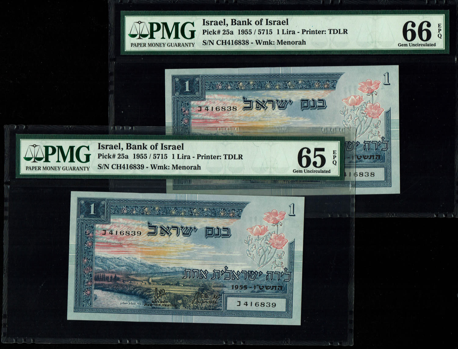 Israel - 1 Lira 1955 - PMG 65-66 EPQ - Consecutive numbers - Prefix CH
In 1954, the Bank of Israel ... - 1 0