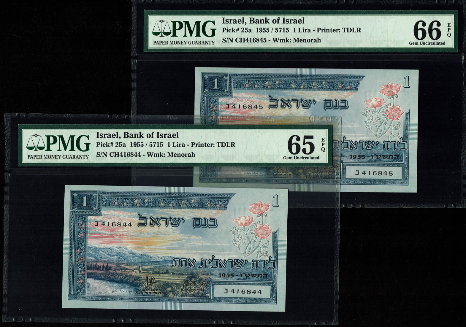 Israel - 1 Lira 1955 - PMG 66 EPQ - Consecutive numbers - Prefix CH
In 1954, the Bank of Israel was ... - 1 0