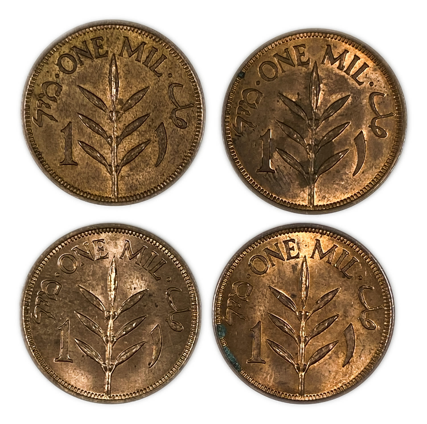 Palestine - Lot of 4 coins, 1 Mil 1927, 1939, 1943, 1944 - AU-UNC
MIL, was the Hebrew name of ... - 1 1