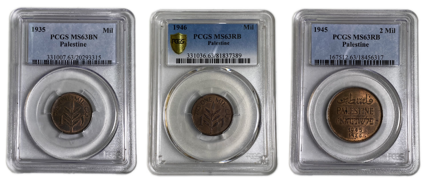 Palestine - 1 Mil 1935, 1946, 2 Mils 1945 - PCGS 63 BN, 63 RB
MIL, was the Hebrew name of the ... - 1 0