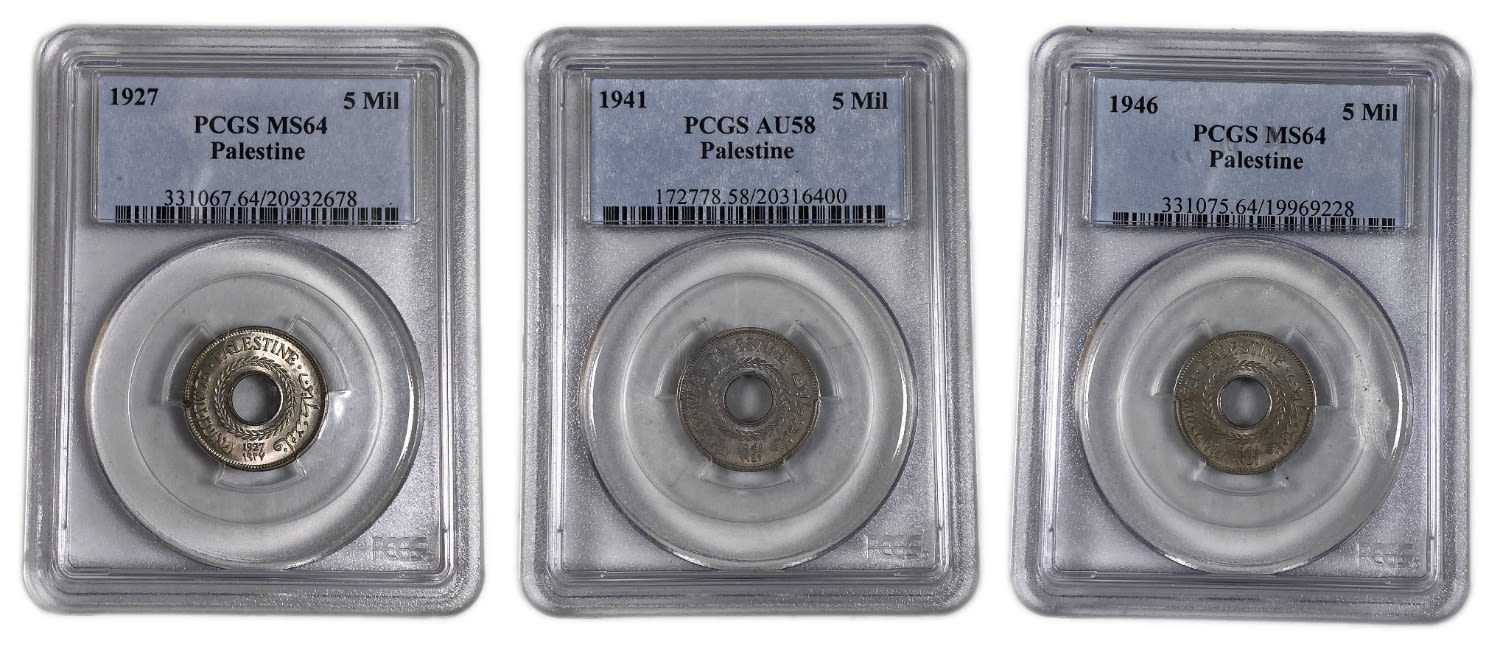 Palestine - 5 Mils 1927, 1941, 1946 - PCGS 64, 58
MIL, was the Hebrew name of the coin that was legal ... - 1 0