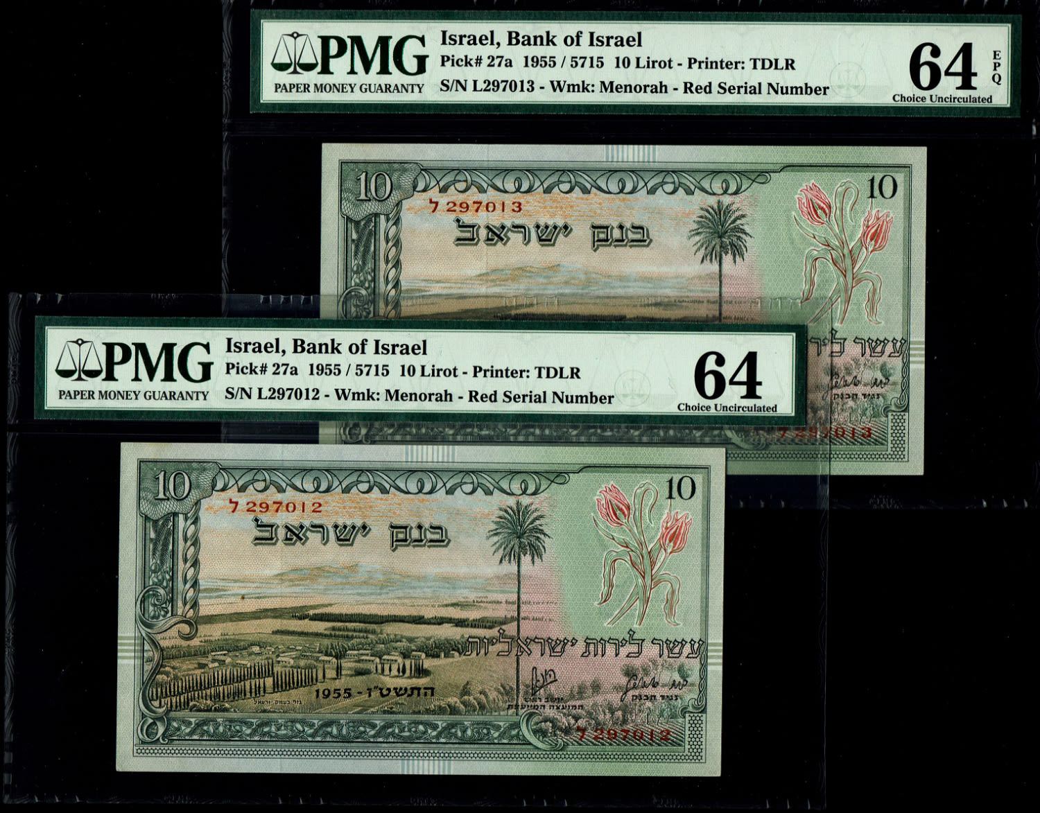 Israel - 10 Lirot 1955 - PMG 64, 64 EPQ - Red Serial Number - Consequtive numbers - Prefix L
In 1954 ... - 1 0
