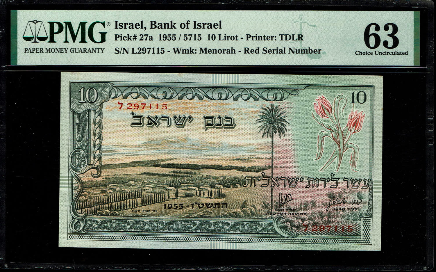 Israel - 10 Lirot 1955 - PMG 63 - Red Serial Number - Prefix L
In 1954, the Bank of Israel was ... - 1 0